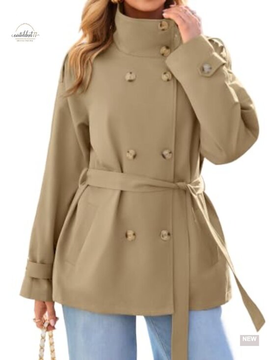 Jackets & Blazers - Women's Short Trench Coat Double Breasted Stand Collar Belted Fall Jacket